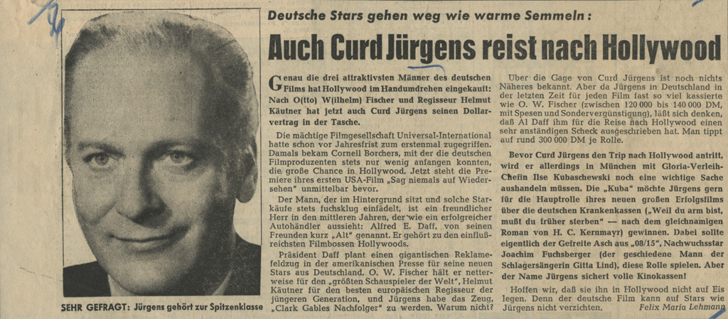 Die Neue Post: "Auch Curd Jürgens reist nach Hollywood"