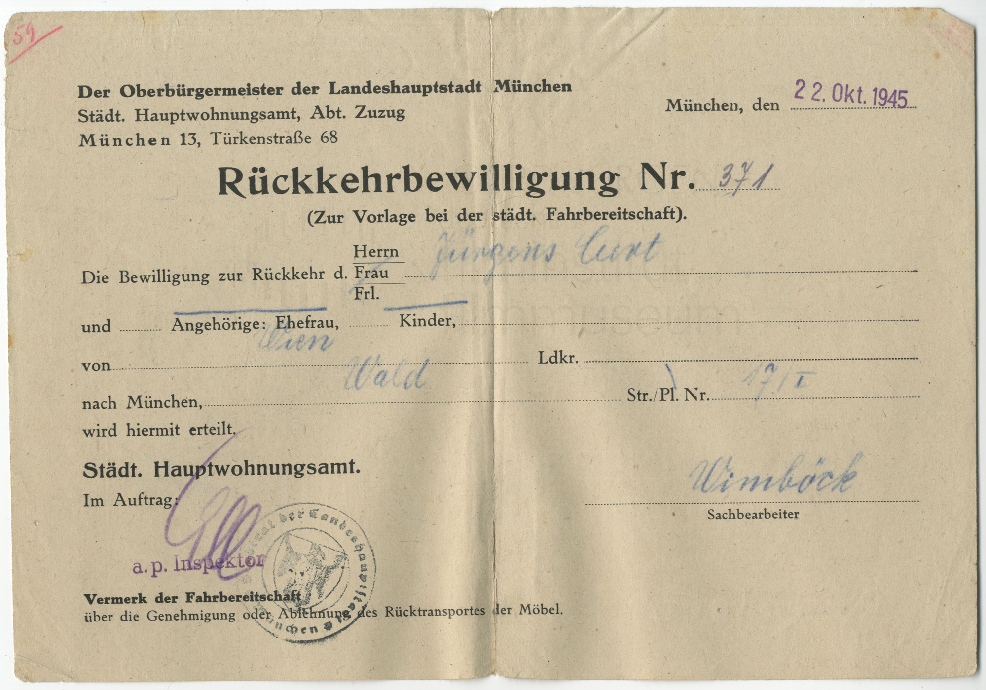 Rückkehrbewilligung für Curd Jürgens. München, 22.10.1945