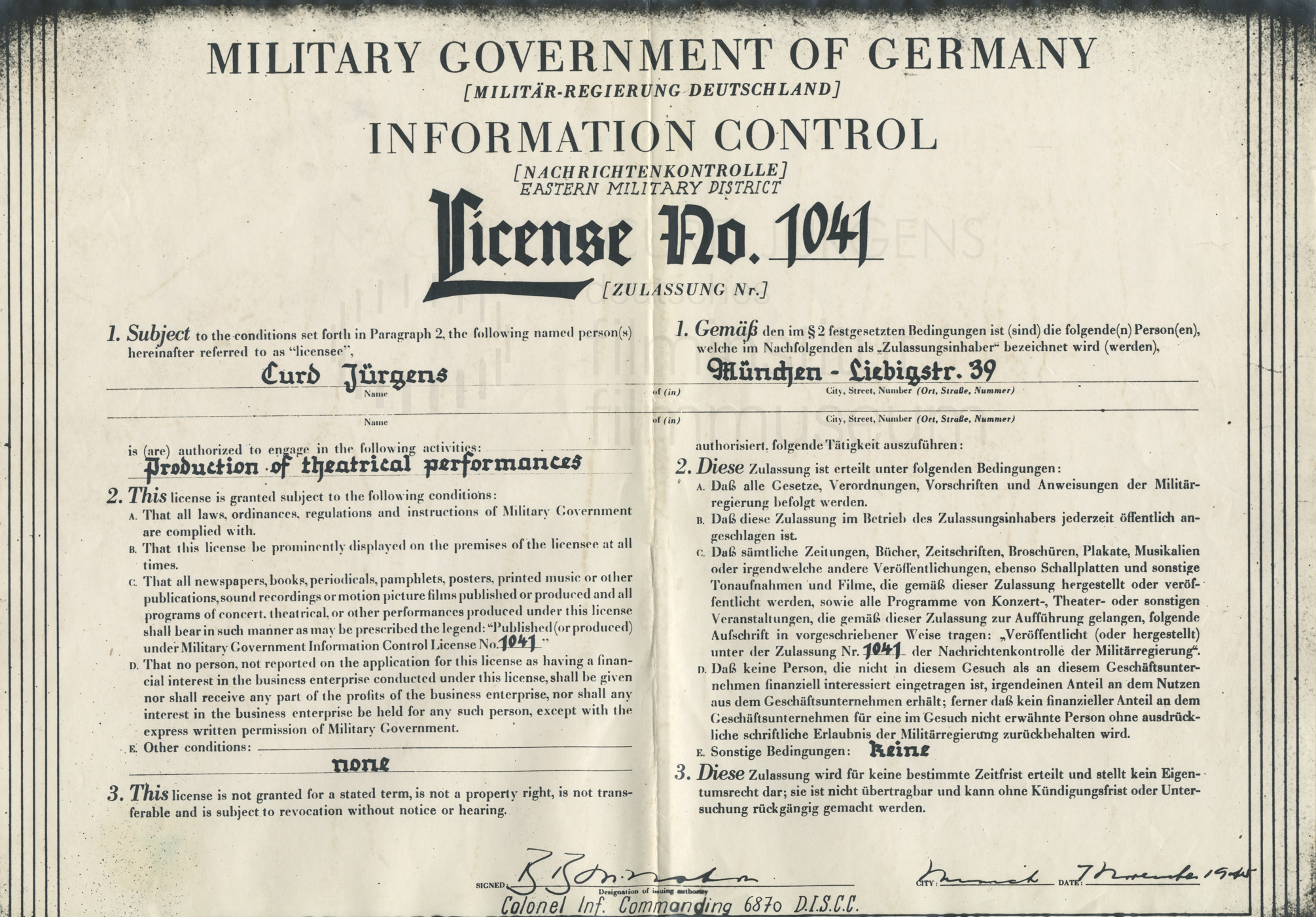 Theaterlizenz Nr. 1041, ausgestellt durch die Information Control (Nachrichtenkontrolle der Militär-Regierung). München, 7.11.1945