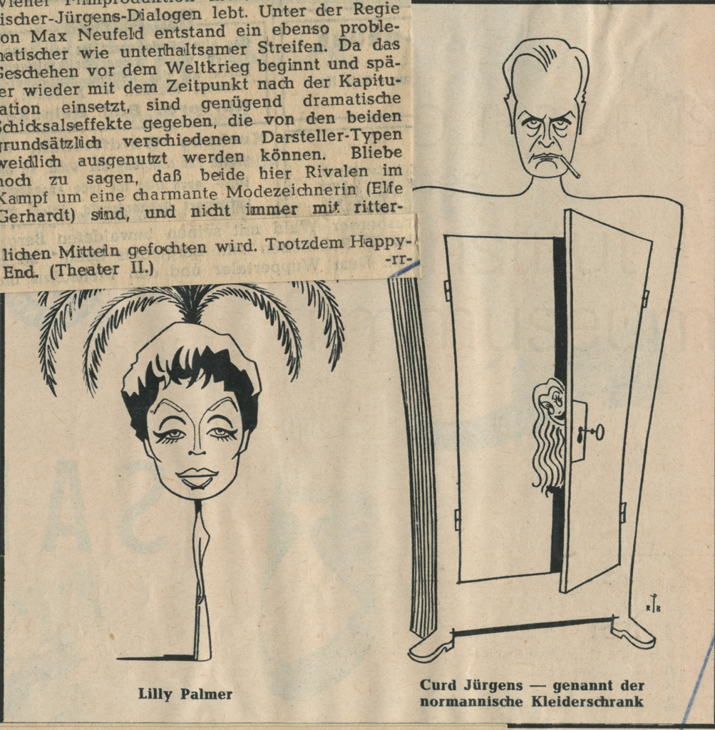 Curd Jürgens und Lilli Palmer. Karikatur, 1957