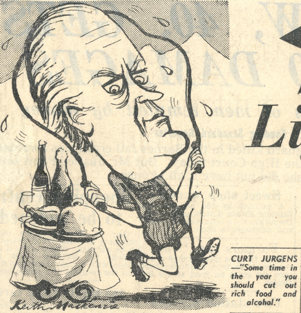 Curd-Jürgens-Karikatur, engl., 1958