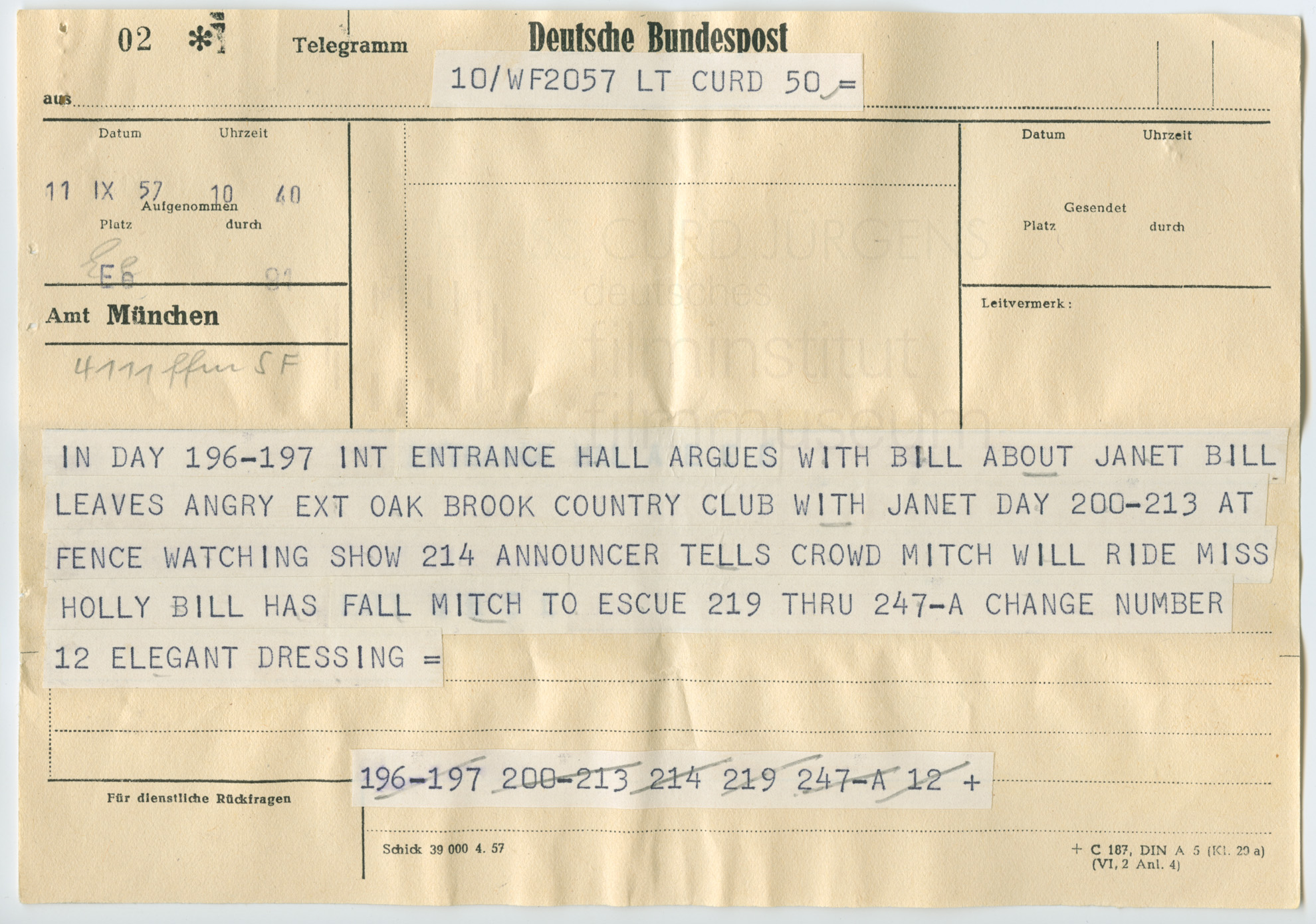 Anweisungen des Wardrobe-Departments der Universal an Curd Jürgens. Los Angeles, 11.9.1957