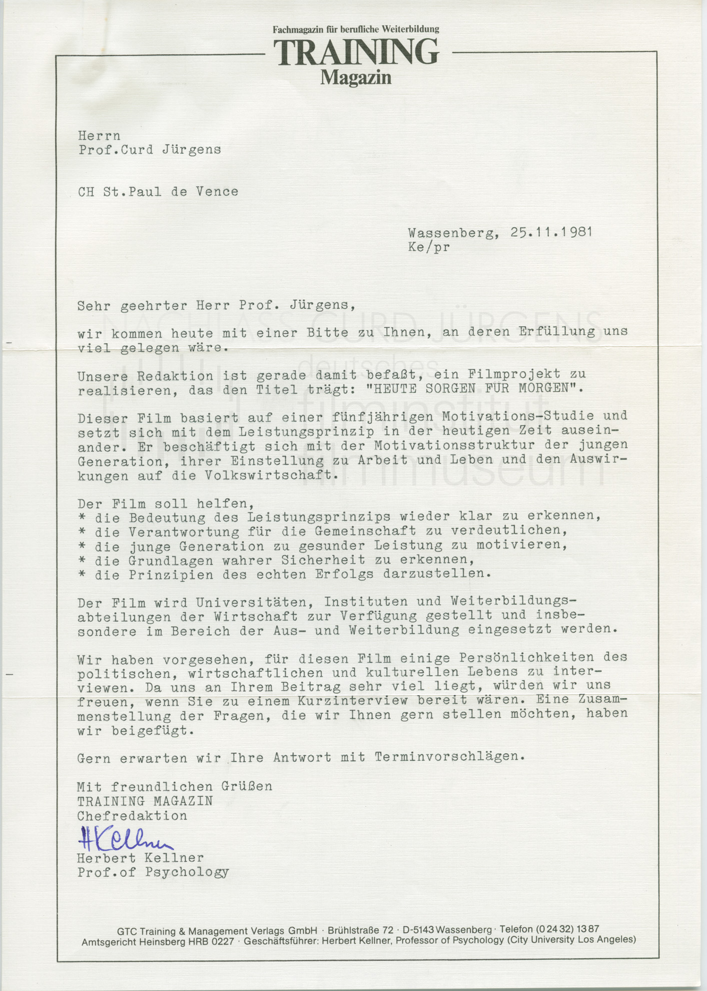 Herbert Kellner an Curd Jürgens. Wassenberg, 25.11.1981