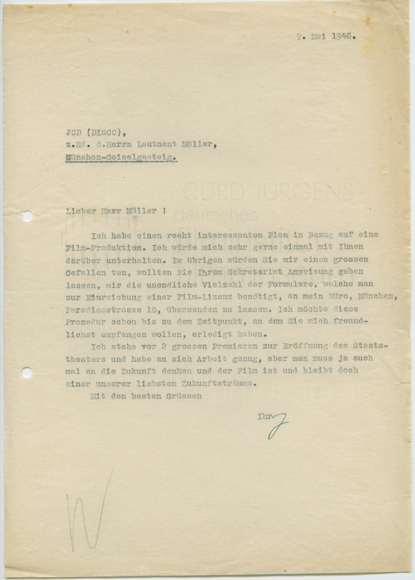 Curd Jürgens an Paul E. Moeller. [München], 9.5.1946
