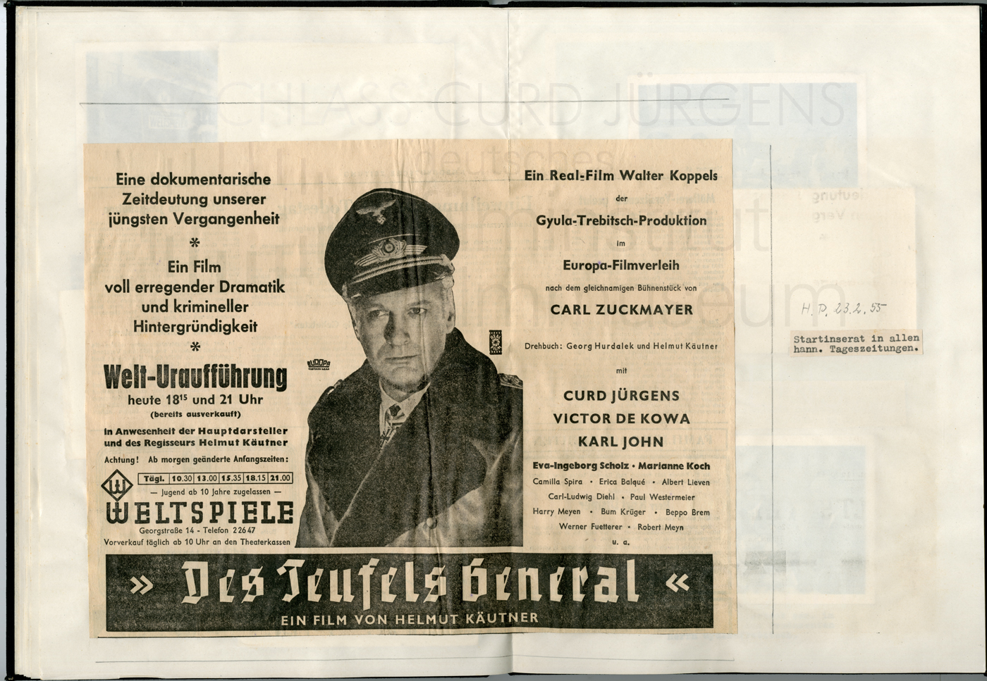 DES TEUFELS GENERAL (1955) Dokumentation der Werbemaßahmen, 23.2.1955, Hannover (Weltspiele)