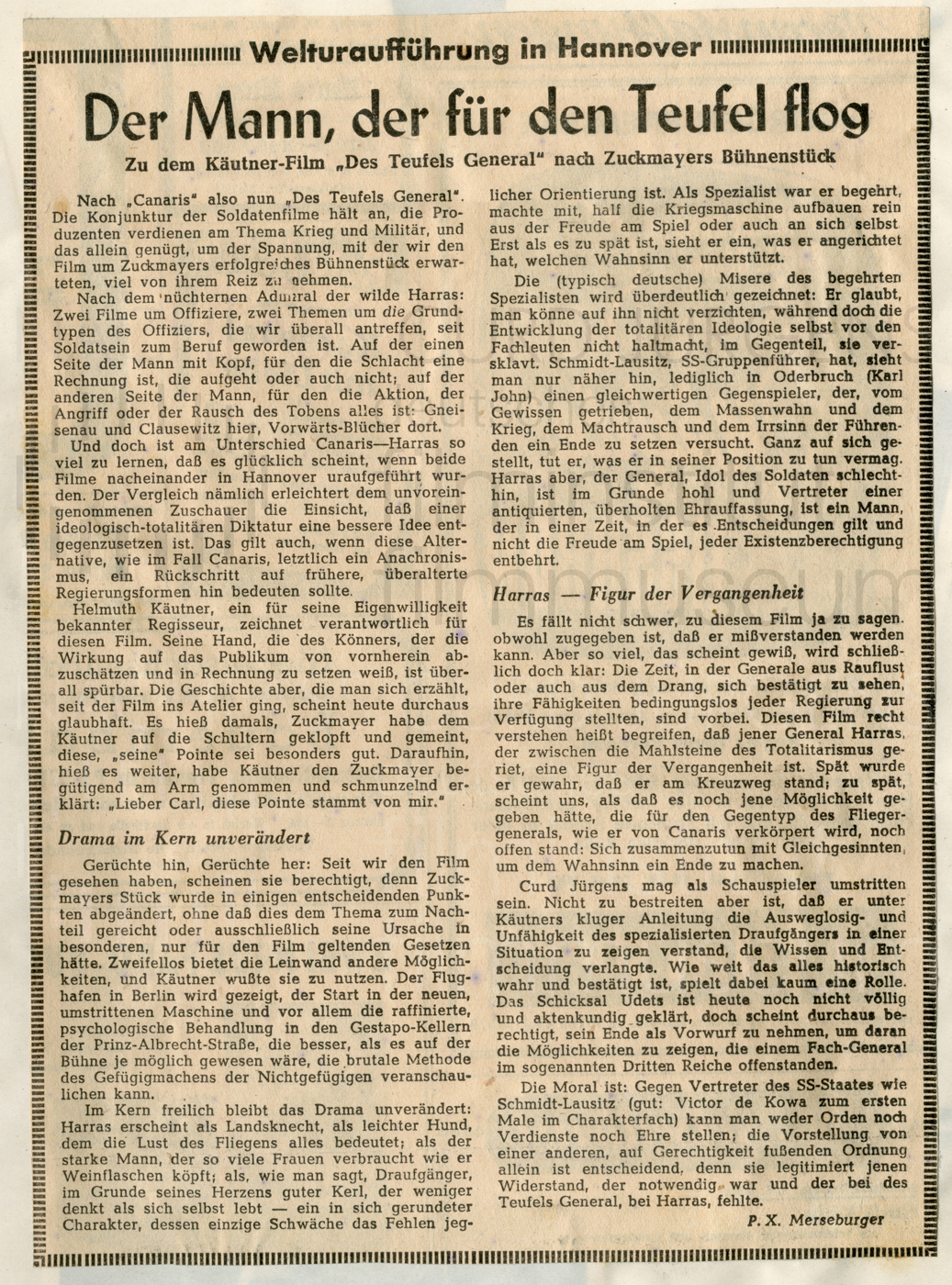 DES TEUFELS GENERAL (1955) Hannoversche Presse:"Der Mann, der für den Teufel flog", 24.2.1955