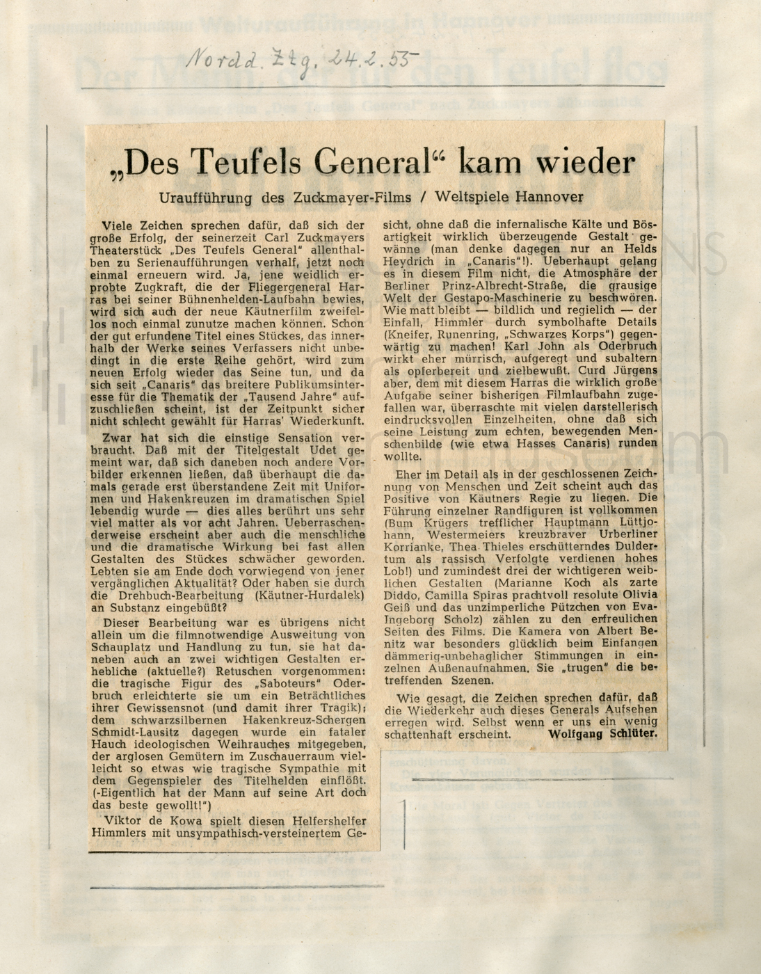 DES TEUFELS GENERAL (1955) Norddeutsche Zeitung:"'Des Teufels General' kam wieder", 24.2.1955