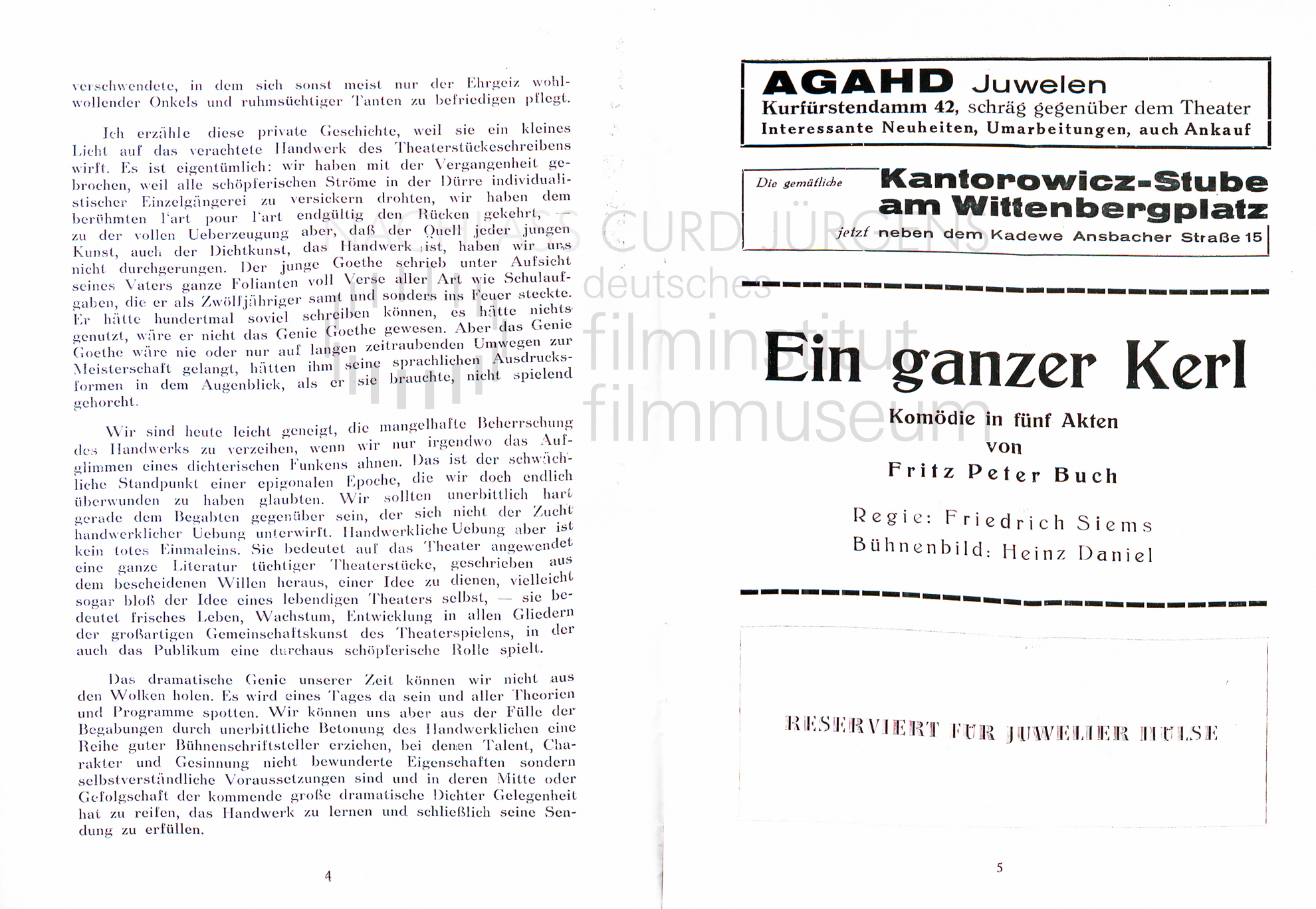 "Ein ganzer Kerl" Programm. Komödie am Kurfürstendamm, 1938