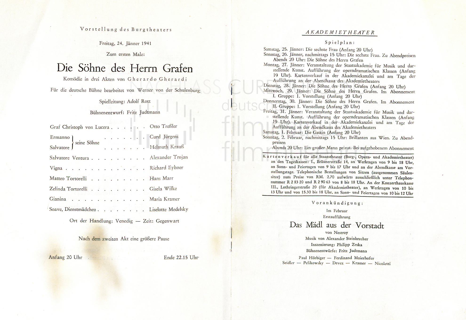 "Die Söhne des Herrn Grafen" Programm. Akademietheater, Wien, 24.1.1941