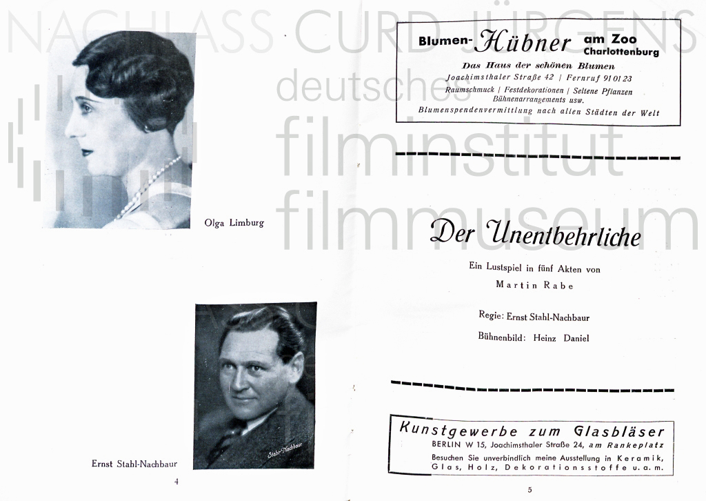 "Der Unentbehrliche" Programm. Komödie am Kurfürstendamm, 1936/37