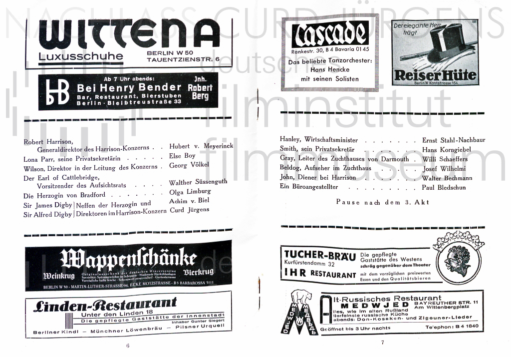 "Der Unentbehrliche" Programm. Komödie am Kurfürstendamm, 1936/37