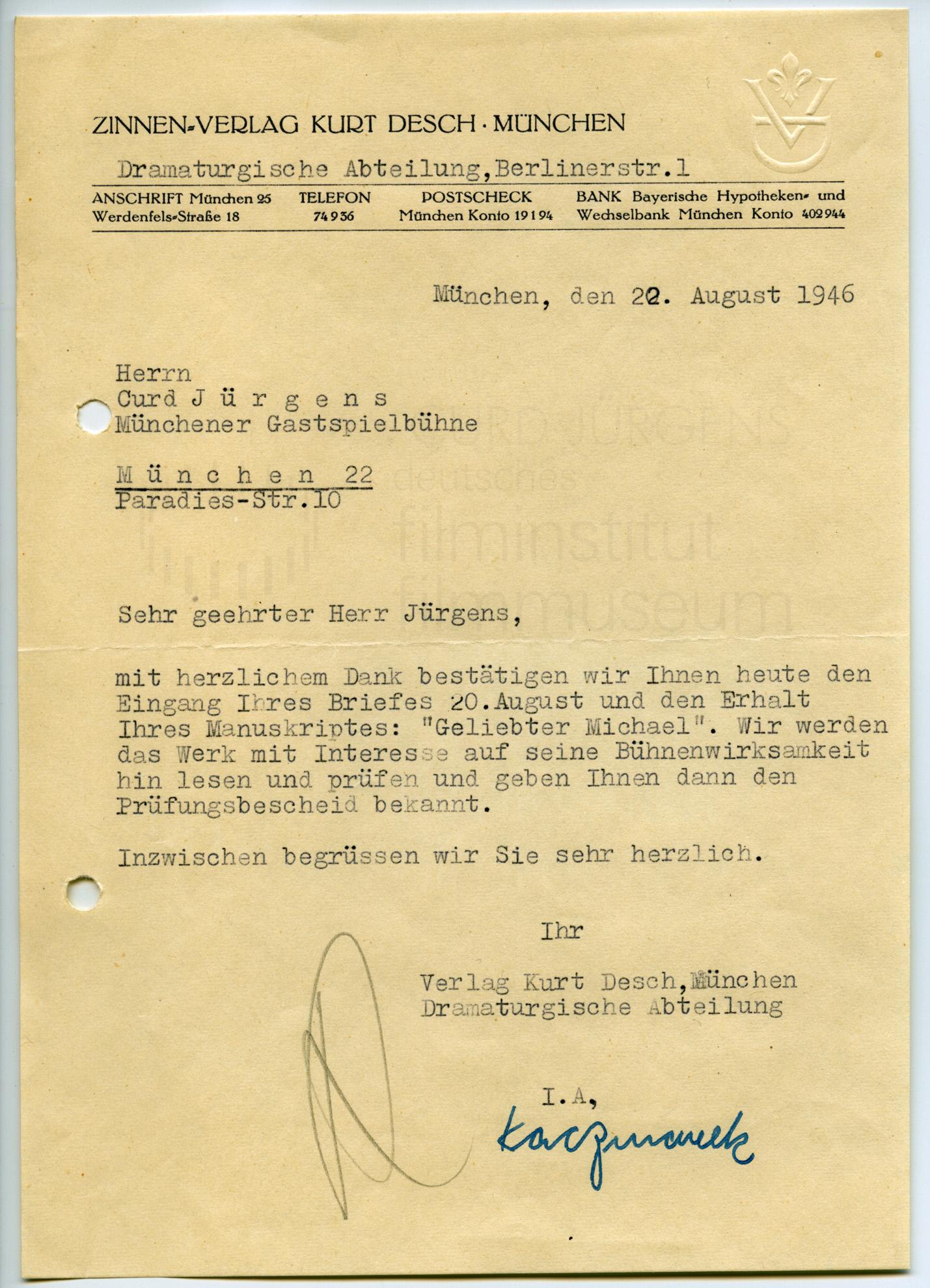 [ ] Kaczmarek (Zinnen-Verlag Kurt Desch) an Curd Jürgens. München, 22.8.1946