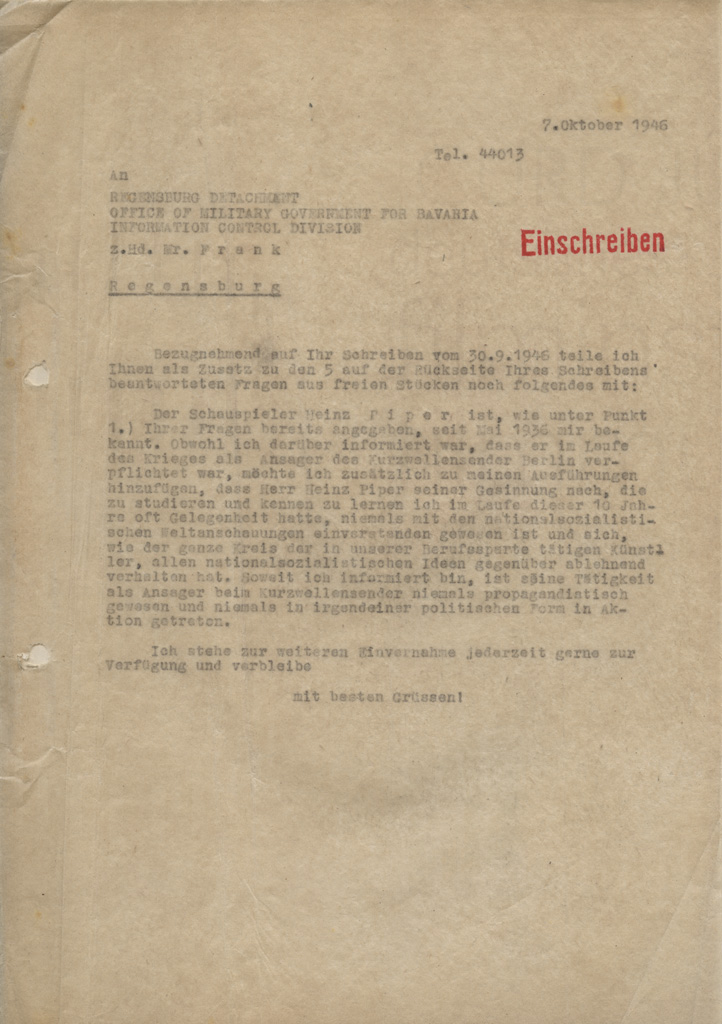Curd Jürgens an die Information Control Division. [München], 7.10.1946