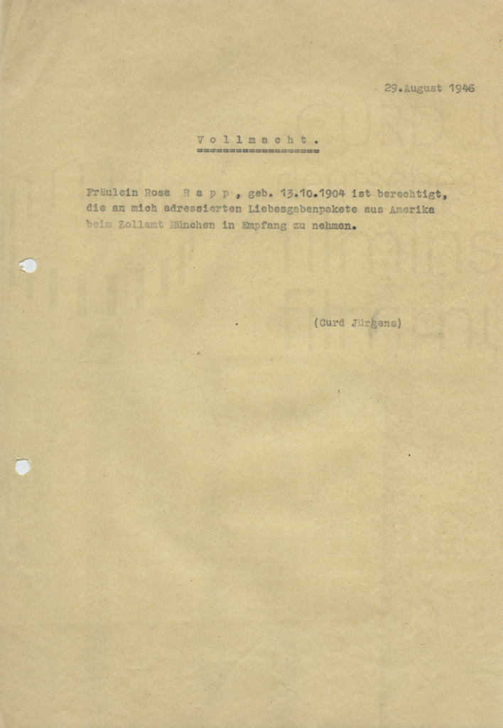 Curd Jürgens' Vollmacht für "Liebesgaben". [München], 29.8.1946