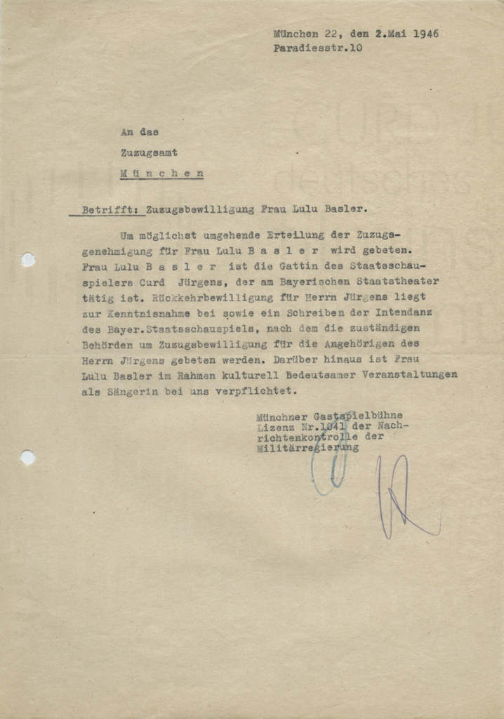 Antrag auf Zuzugsberechtigung für Lulu Basler. München, 2.5.1946