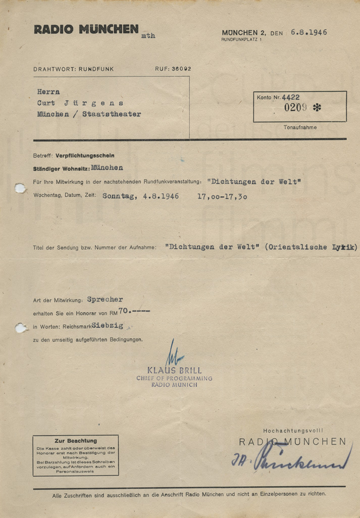 "Dichtungen der Welt" Verpflichtungsschein als Sprecher. München, 6.8.1946