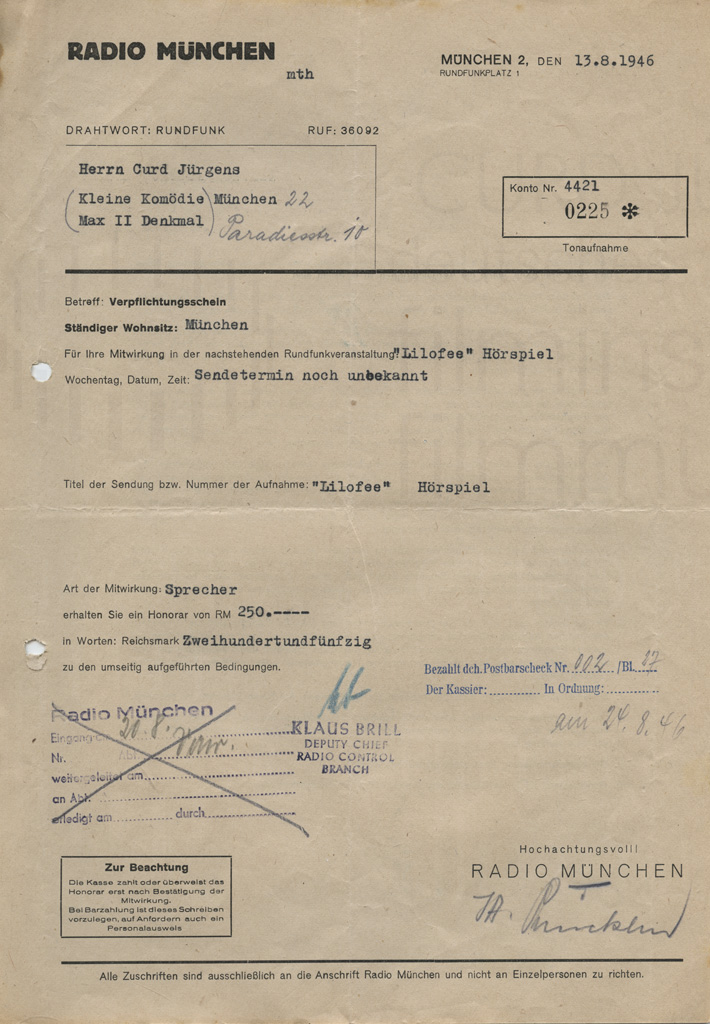 "Lilofee" Verpflichtungsschein als Radiosprecher. München, 13.8.1946
