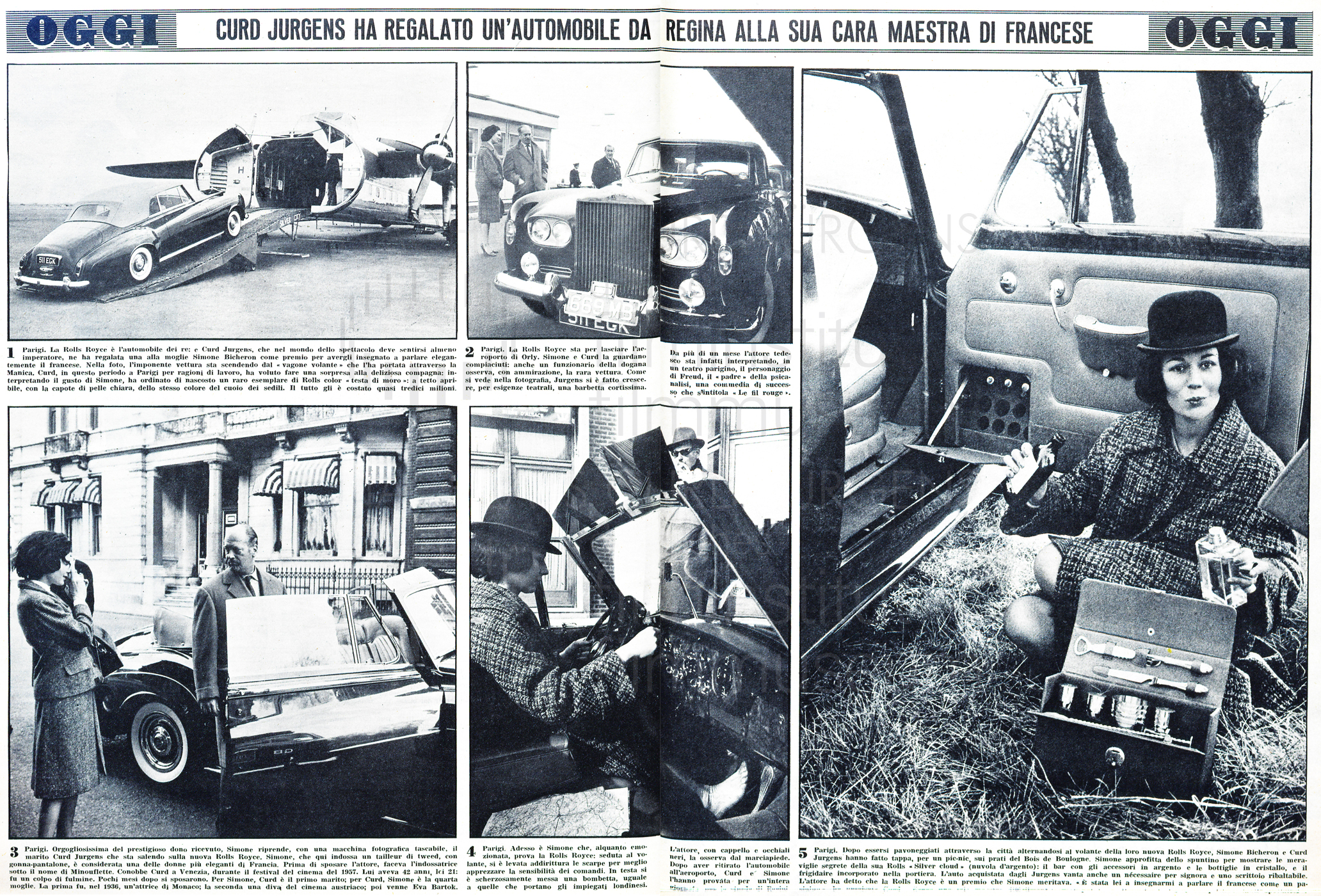 Oggi Illustrato: „Curd Jurgens ha regalato un'automobile da regina alla sua cara maestra di francese“, Nr. 14, 1963