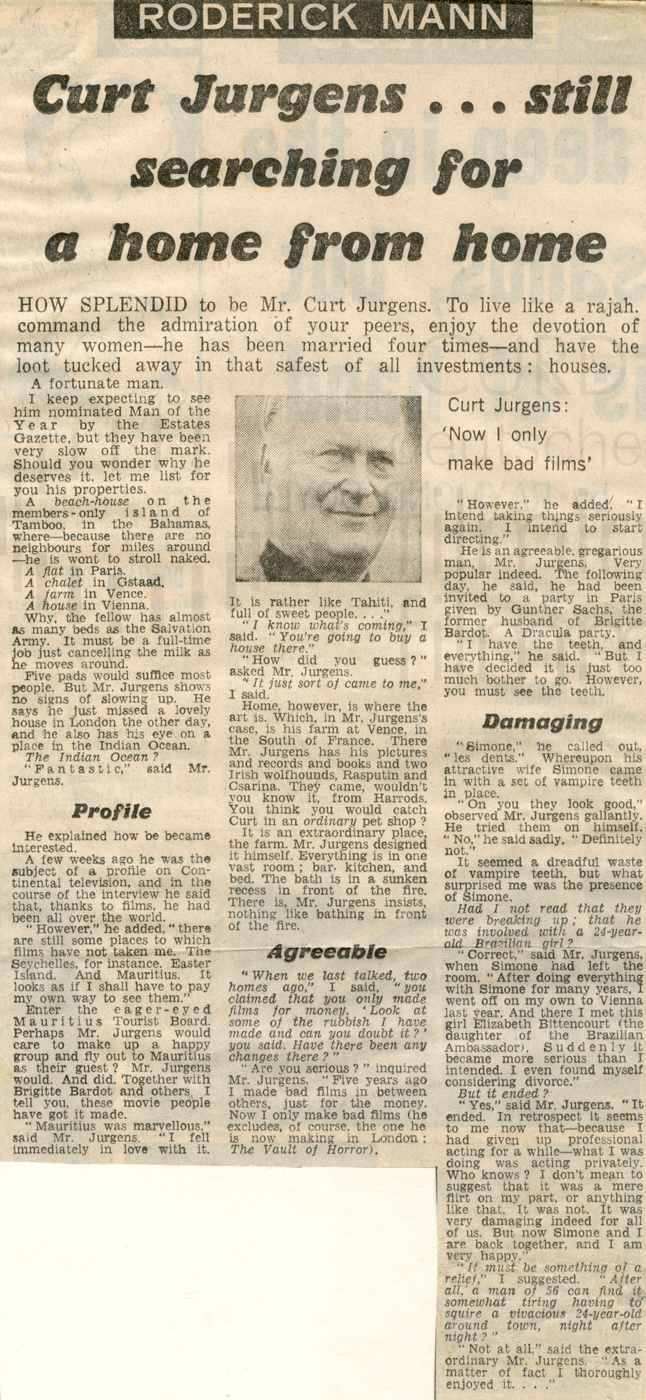 [Sunday Express]: "Curd Juergens ... still searching for a home from home", 1972