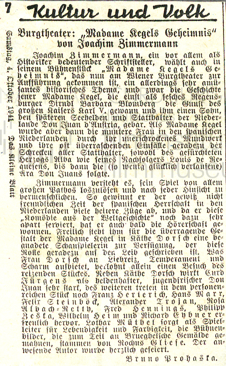 Das kleine Blatt: "Burgtheater: 'Madame Kegels Geheimnis' von Joachim Zimmermann", 4.10.1941