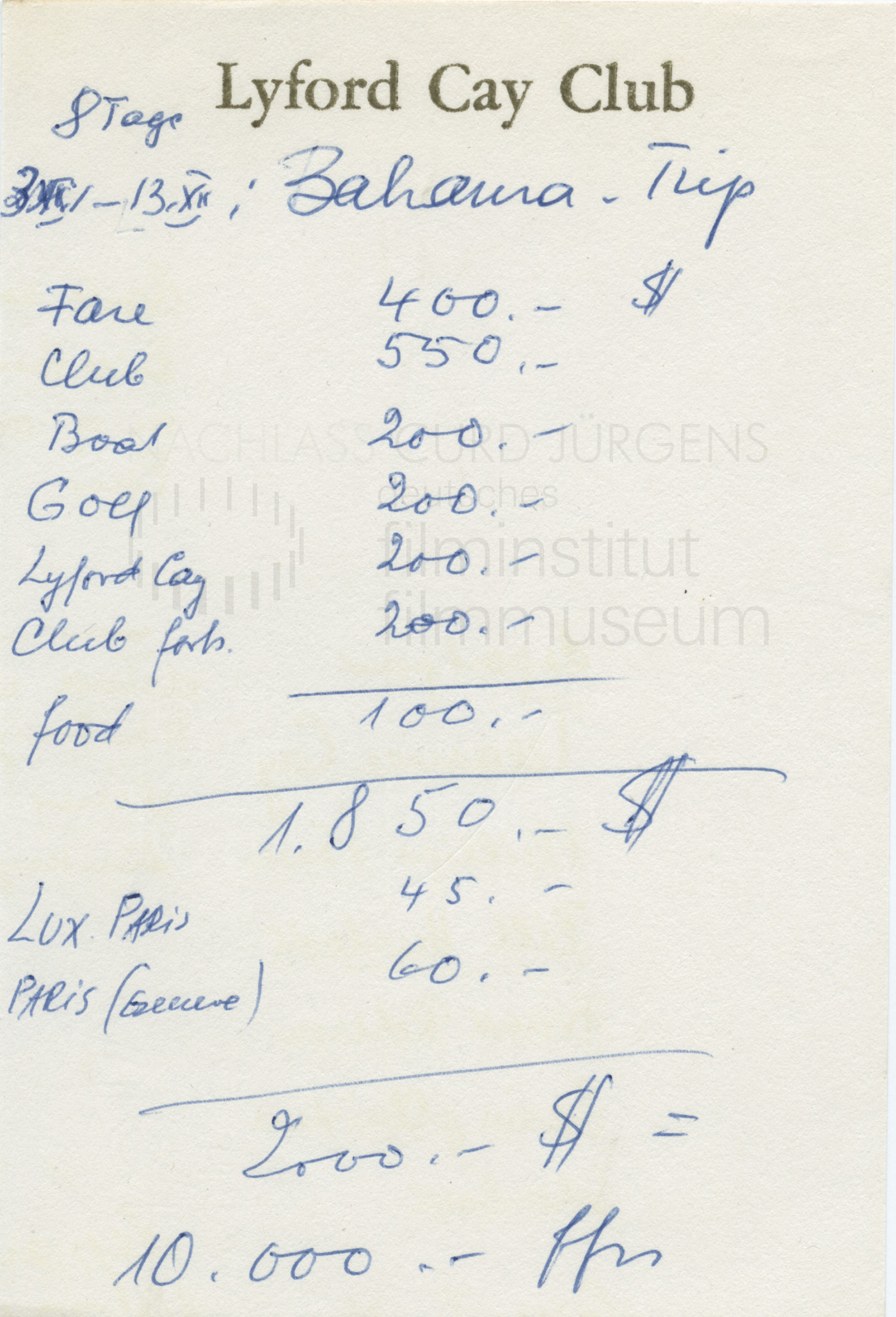 Terminkalender 1970: Kalkulation Bahamas-Trip