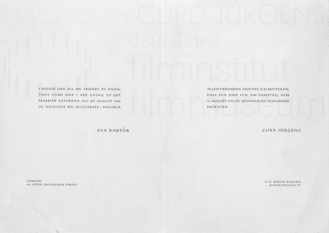 Heiratsanzeige Curd Jürgens und Eva Bartok, 1955