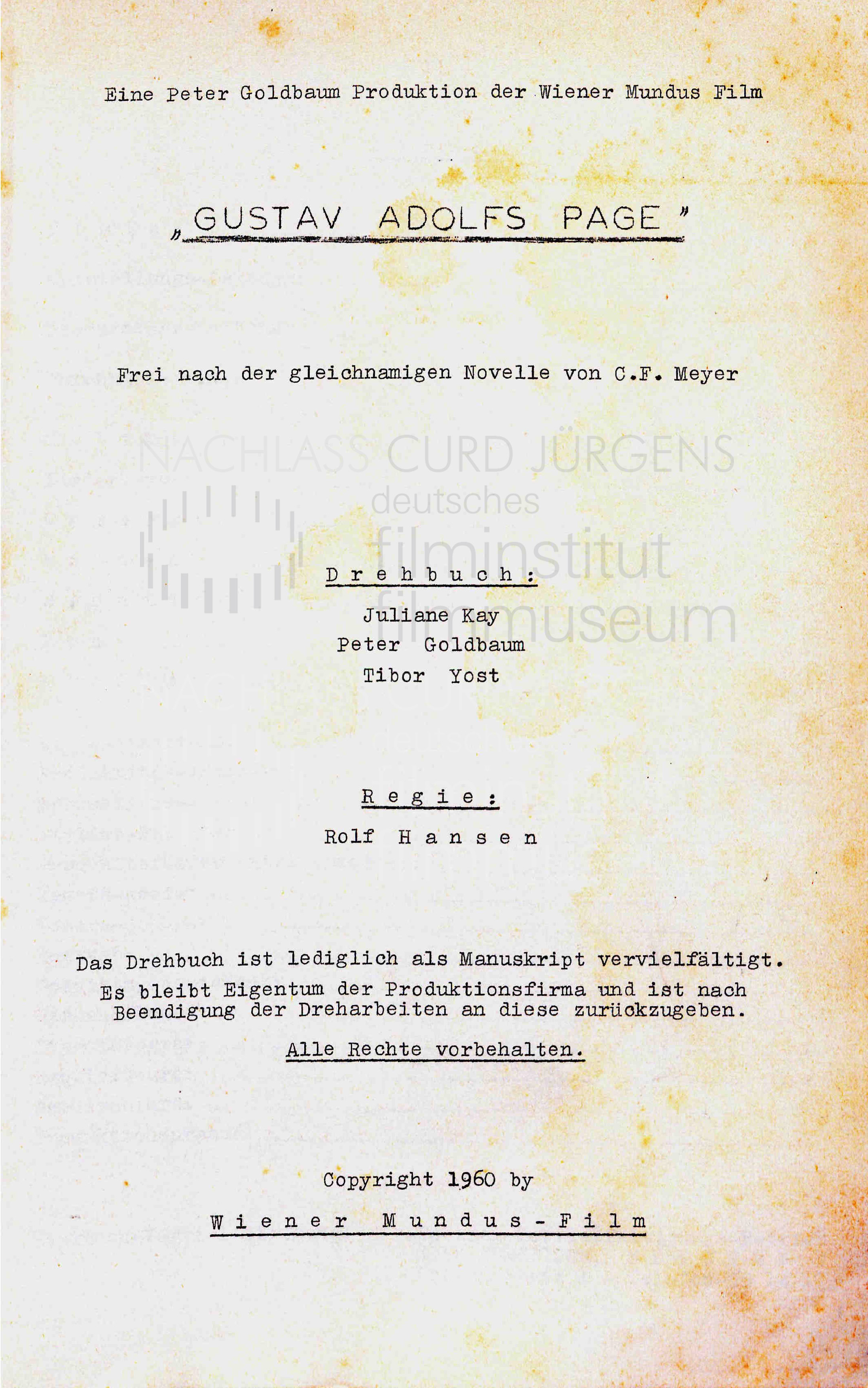 GUSTAV ADOLFS PAGE (1960) Drehbuch (Auszug) 1